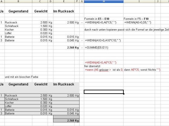 Ausrüstungsgewicht aus einer Tabelle automatisiert berechnen